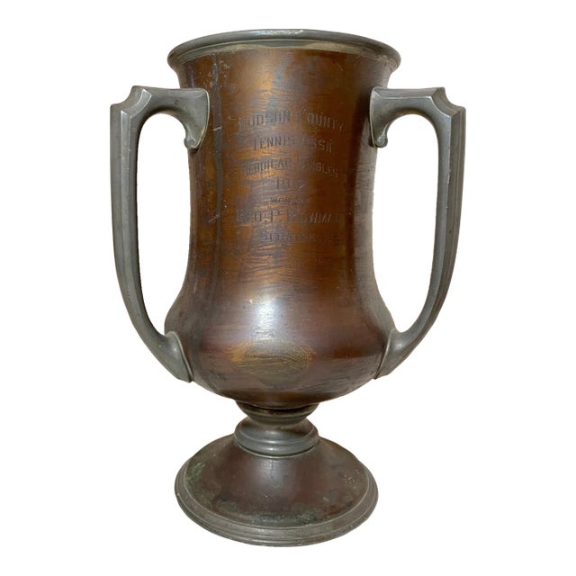 Rare Antique 1912 Hand Engraved Bronze Pewter Tennis Singles 3 Handle Trophy Urn For Sale