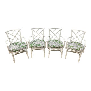 Vintage Coastal Style Handcrafted Rattan White Dining Chairs - Set of 4 For Sale