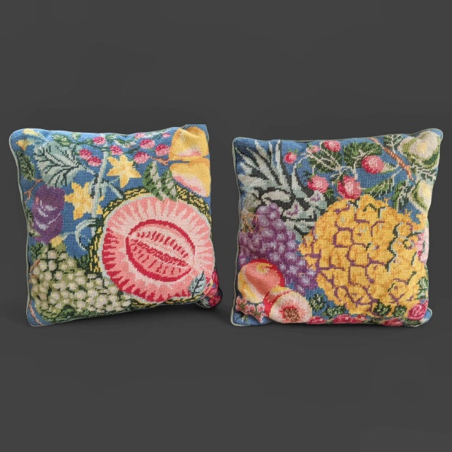 A Pair of Vintage Complementary Tropical Fruit Needlepoint Tapestry Pillows 13" x 13" Solid Green Velvet Background with...