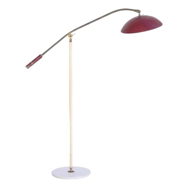 Vintage Adjustable Floor Lamp with Red Enameled Shade by Stilnovo, Italy For Sale