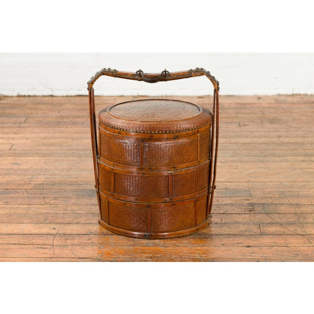 Chinese Chinese Nested Bamboo and Rattan Food Basket with Calligraphy and Iron Accents For Sale - Image 3 of 12