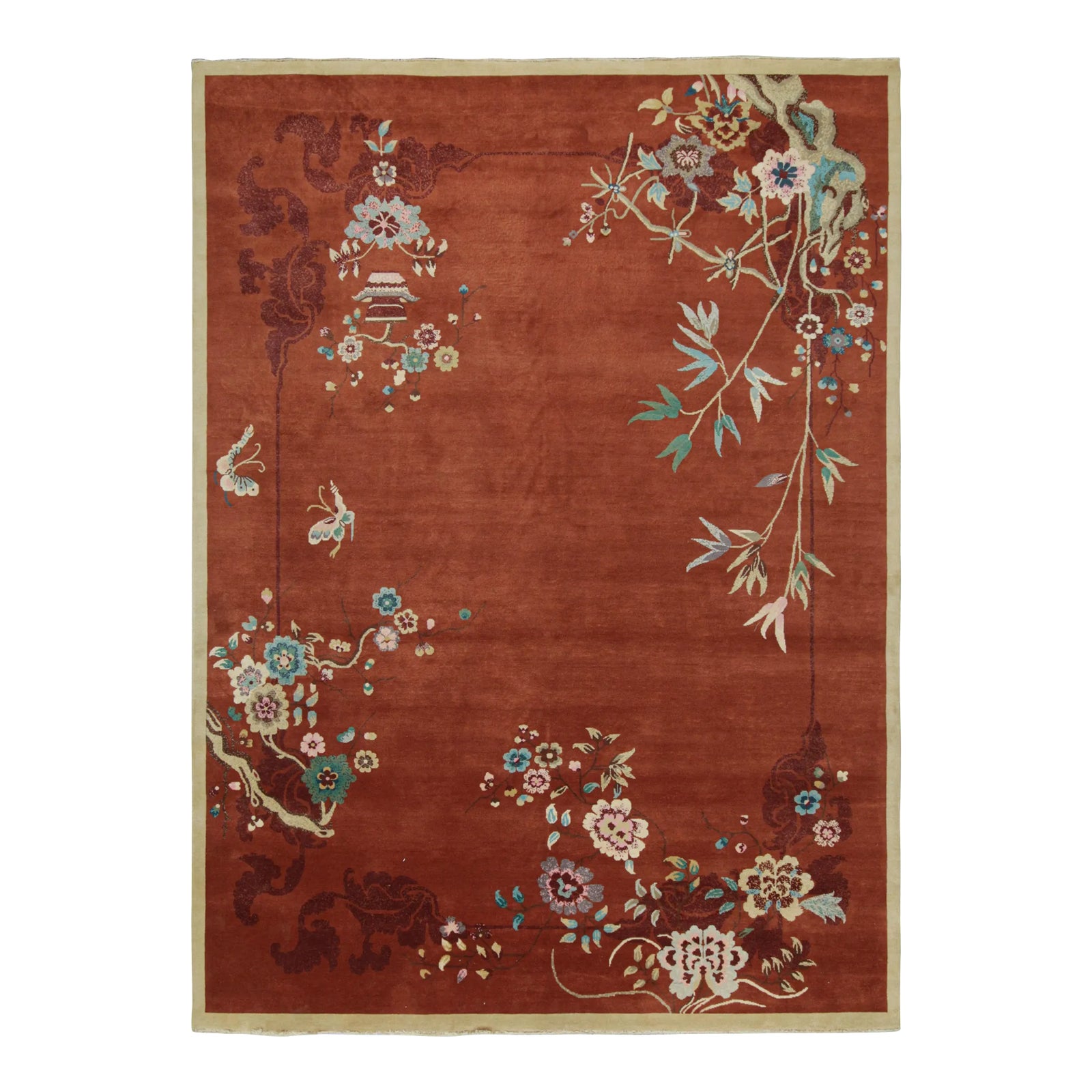 2010s Rug & Kilim’s Chinese Art Deco Style Rug in Rust With Floral ...