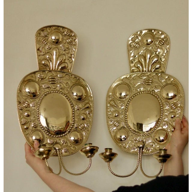 Large Mid-Century Swedish Baroque Style Brass Sconces, Set of 2 For Sale - Image 10 of 18