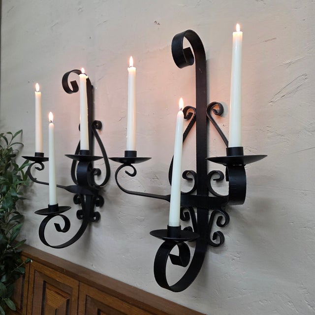 1960 Spanish Revival Three-Arm Wrought Iron Candle Sconces, Pair For Sale - Image 10 of 14