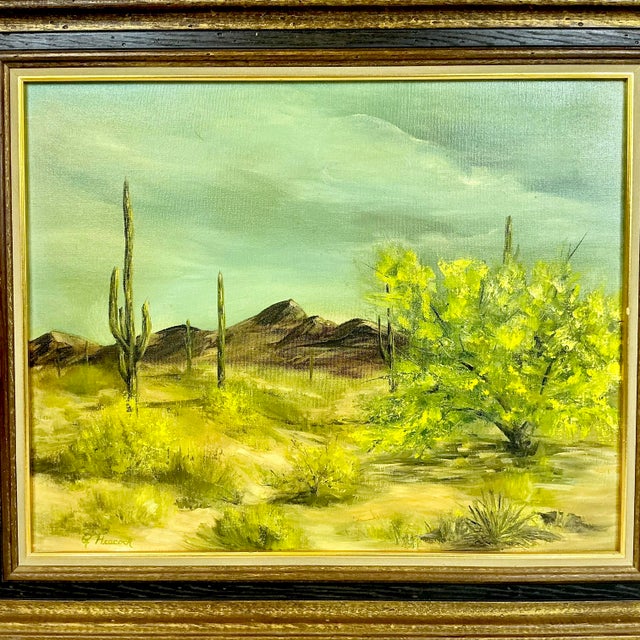 1970s Vintage Southwestern Impressionist Saguaro Landscape Folk Art Original Oil Painting, Artist Signed For Sale - Image 12 of 13