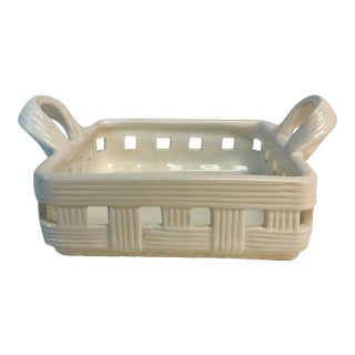 1980s Vintage French Country Style Ceramic Woven Basket Catchall. For Sale