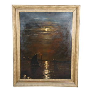 Large Antique Moonlight Oil on Board Seascape Painting Sailboat Framed 52"
