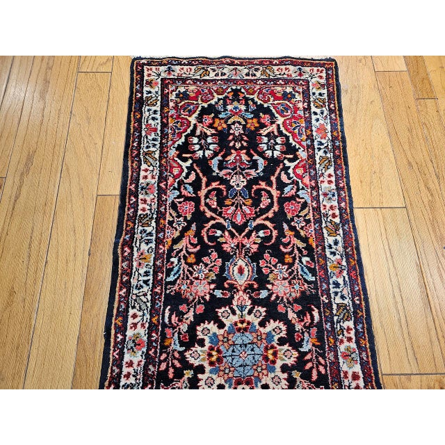 Vintage Bakhtiari Tribal Runner, Hand-Knotted Wool, Floral Bouquets & Medallions, Navy & Ivory, 3x12 For Sale - Image 9 of 16