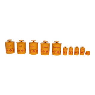 Vintage French Orange Melamine Ten Piece Canister / Spice Set by Sitap For Sale
