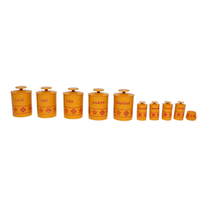 Vintage French Orange Melamine Ten Piece Canister / Spice Set by Sitap