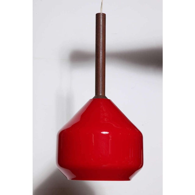 Tapio Wirkkala 1950s Tapio Wirkkala Teak Hanging Lamp With Vistosi Modern Red Glass Shade For Sale - Image 4 of 12