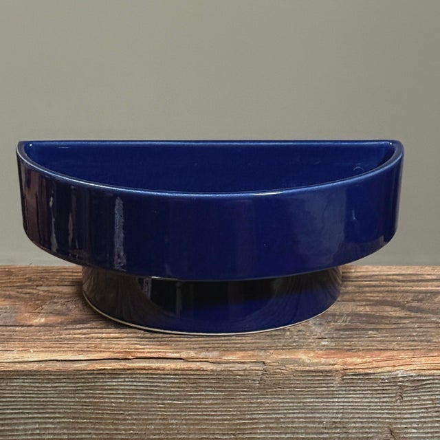Japanese Pair of Vintage Japanese Modernist Dark Blue Half Moon Ikebana Vases For Sale - Image 3 of 9