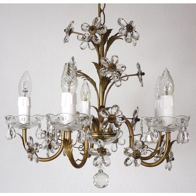 Antique Italian Gold-Plated Metal Crystal Flowers Chandelier, 1950s For Sale - Image 10 of 17