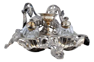Silver Inkwell with Two Cut Glass Tanks