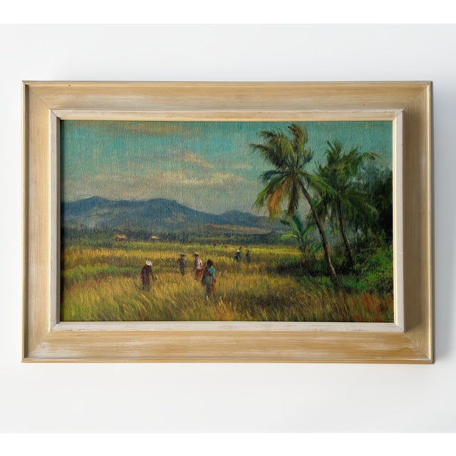 1950's Landscape Painting in Original Frame. Oil on Panel "Palmtrees on Sumatra" For Sale - Image 6 of 7