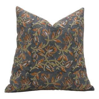 Square Throw Linen Pillow Cover With Floral Block Printed 12x20 Inch- Kamal Dutta For Sale