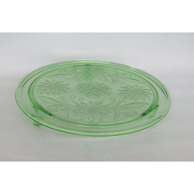 Sunflower Style Green Depression Glass Three Footed Cake