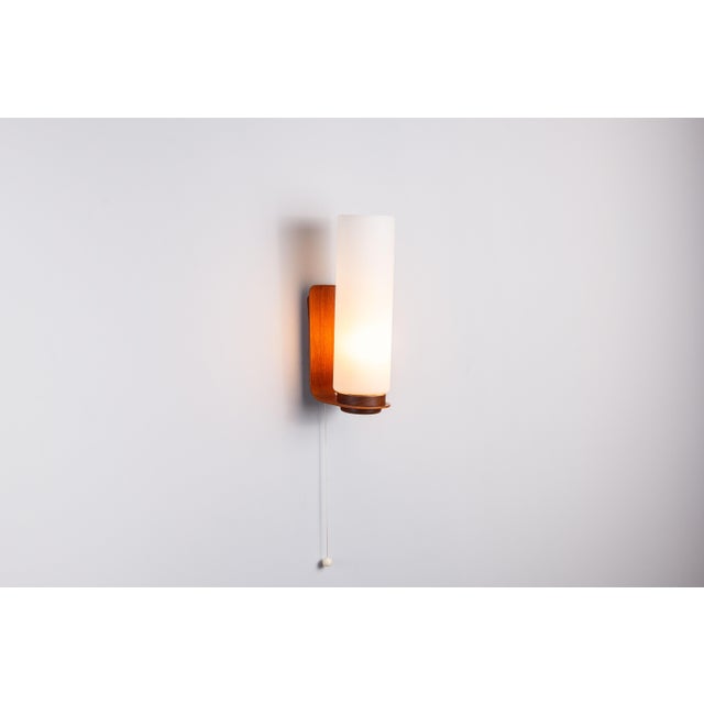 Cilindrical Opal Glass and Bent Wood Wall Lamp, 1960s For Sale - Image 4 of 12