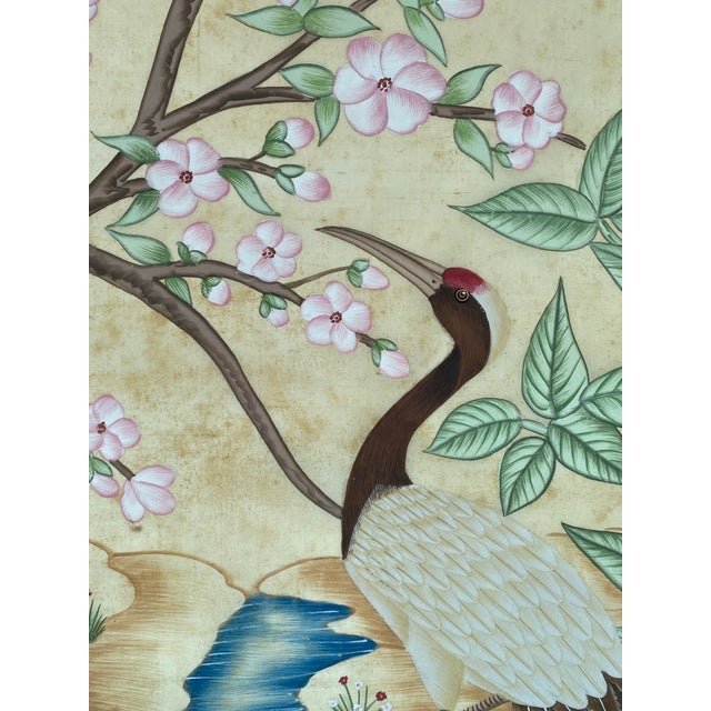 1990s Blossoms and Cranes in Harmony Gouache Painting on Old Silk"32x44 Inches " For Sale - Image 4 of 10