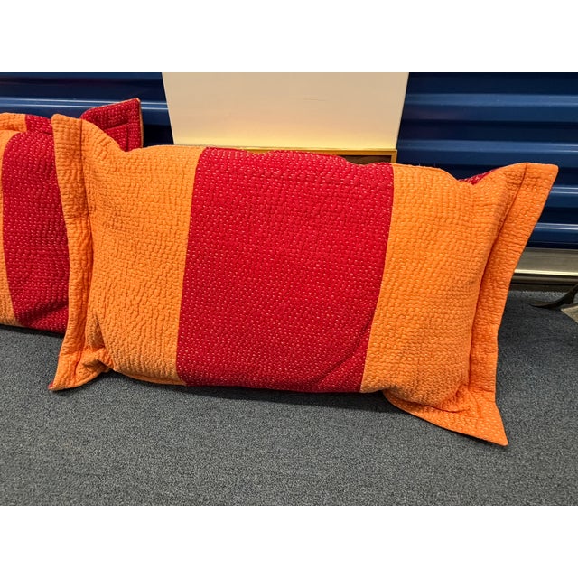Marimekko Style Pillow Shams – Modern Red & Orange Striped Quilted Covers For Sale - Image 4 of 6