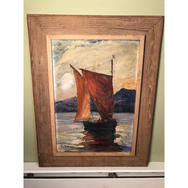 Signed Impasto on Board of Sailboat. Heaby impasto technique with a lot of movement and form. Perfect for that beach house...