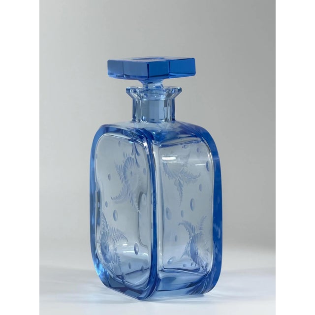 Art Deco Czech Blue Glass Decanter with Hand-Engraved Floral Decoration, 1930s For Sale - Image 3 of 12
