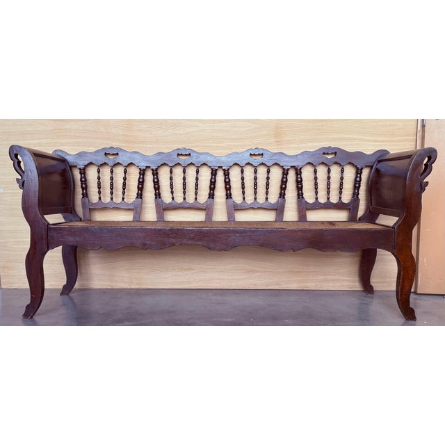 20th Century Large Catalan Bench in Walnut with Caned Seat For Sale - Image 17 of 18