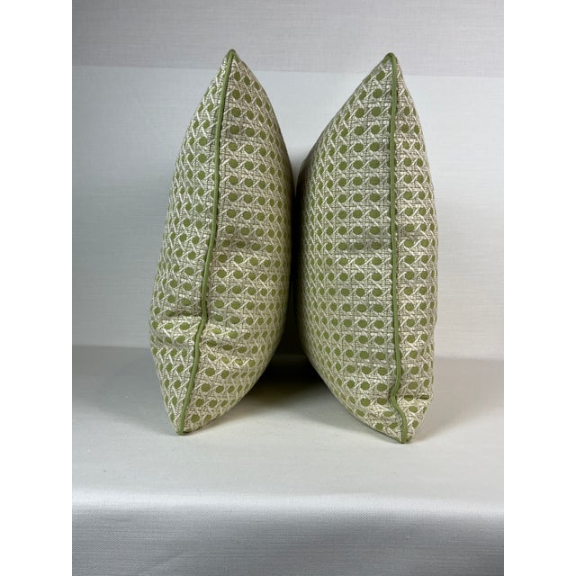 Custom-tailored 20” pillows in Brunschwig & Fils “Monterey Woven Texture “ color citron green. Hidden zipper closures....