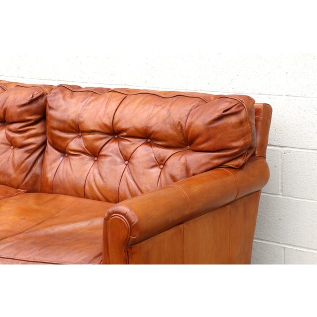 1970s Vintage 1970s Honey Tan Leather Sofa | Tufted Feather Cushion Sofa, American Mid-Century Lounge Seating For Sale - Image 5 of 18