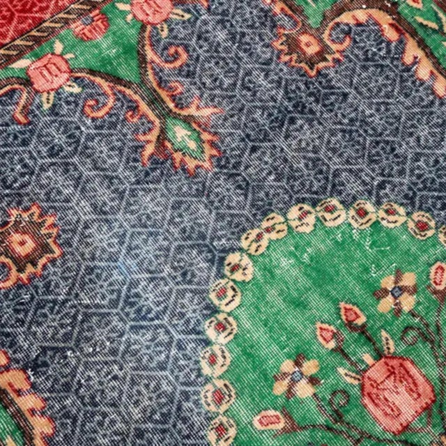 Vintage Distressed Turkish Isparta Rug 5'6" X 9'2" Hand-Knotted Wool, Navy Green Red Rose Medallion Art Deco Design For Sale - Image 6 of 9