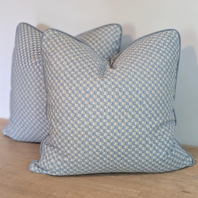 Fermoie Ruffle Pillows in Light Blue With Cord - Double Sided Pair For Sale In Greensboro - Image 6 of 7