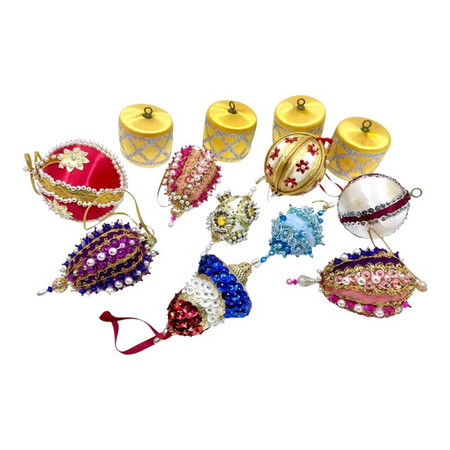 Vintage Bedazzled and Beaded Christmas Ornaments - a Set of 13 Pieces For Sale