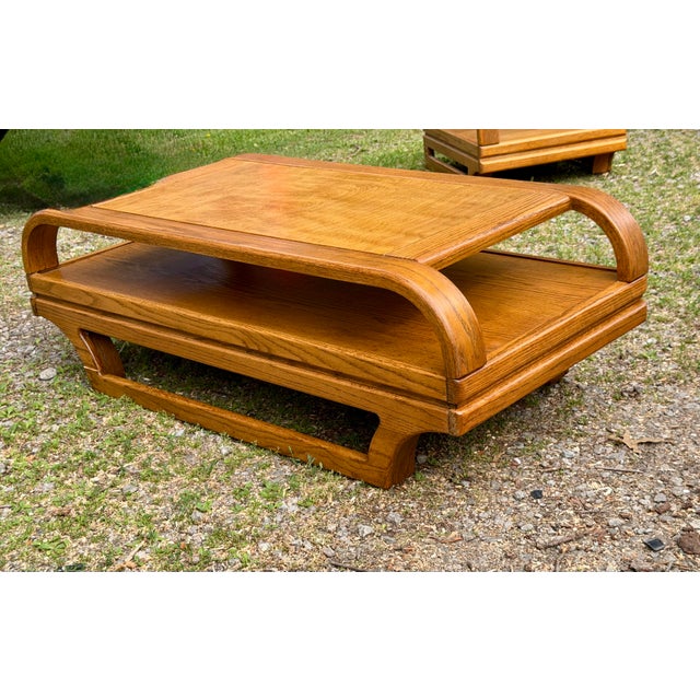 Vintage Post Modern Lou Hodges Inspired Oak & Smoked Glass Living Room Set by the Stratford Company Elevate your home with...