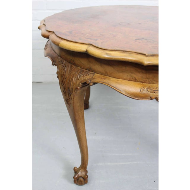 Wood Large Mid-Century Baroque Style Coffee Table with Claw Foot Legs & Burl Wood Scalloped Top For Sale - Image 7 of 11