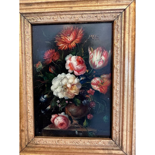 Lovely Old World style French pair of oil paintings on board having the subject of floral still life. Gorgeous ornate...