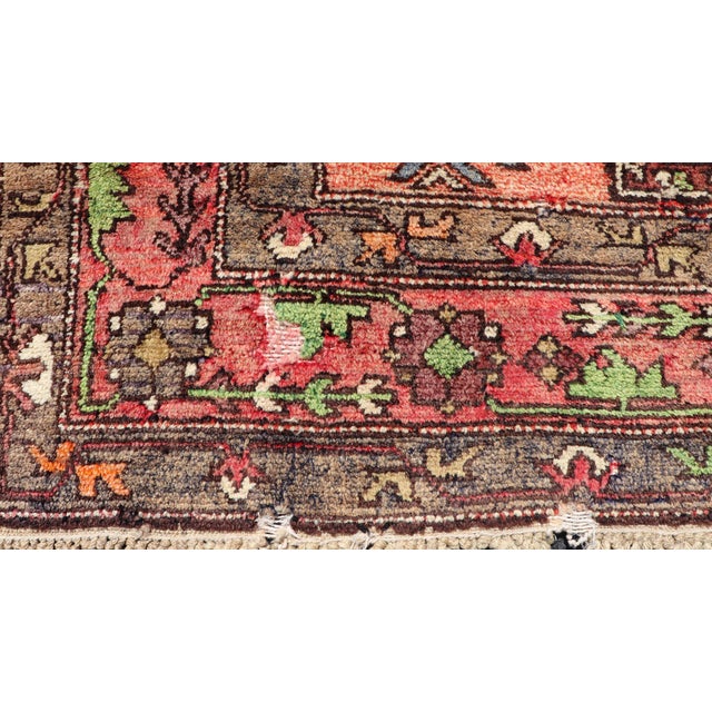 Dark Green Vintage Caucasian Kazak Rug With Medallions in Coral and Turquoise 4'2 X 6'9 For Sale - Image 8 of 14