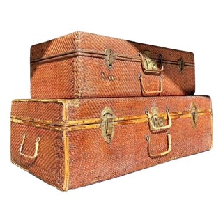 Vintage Pair of Bamboo and Woven Rattan Travel Trunks For Sale