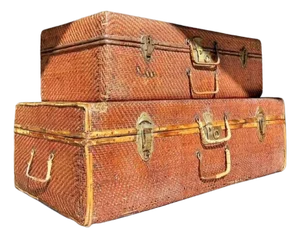 Vintage Pair of Bamboo and Woven Rattan Travel Trunks