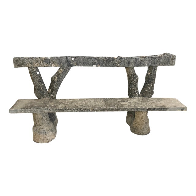 Monumental French Faux Bois Cast Stone Bench Tree Trunk Supports, circa 1920s For Sale