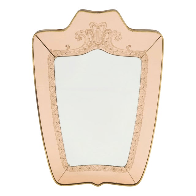 Large Mirror in Brass and Pink Glass, 1950s For Sale