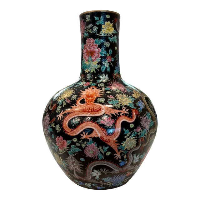 Momumental Vintage Chinese Black Ground Dragon & Floral Porcelain Floor Vase With Gilt Rim For Sale