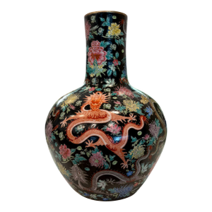 Momumental Vintage Chinese Black Ground Dragon & Floral Porcelain Floor Vase With Gilt Rim