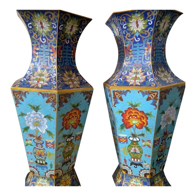 Pair of Large Vintage Cloisonné Enamel Hexagonal Vases – Floral & Scholar's Object Motif For Sale