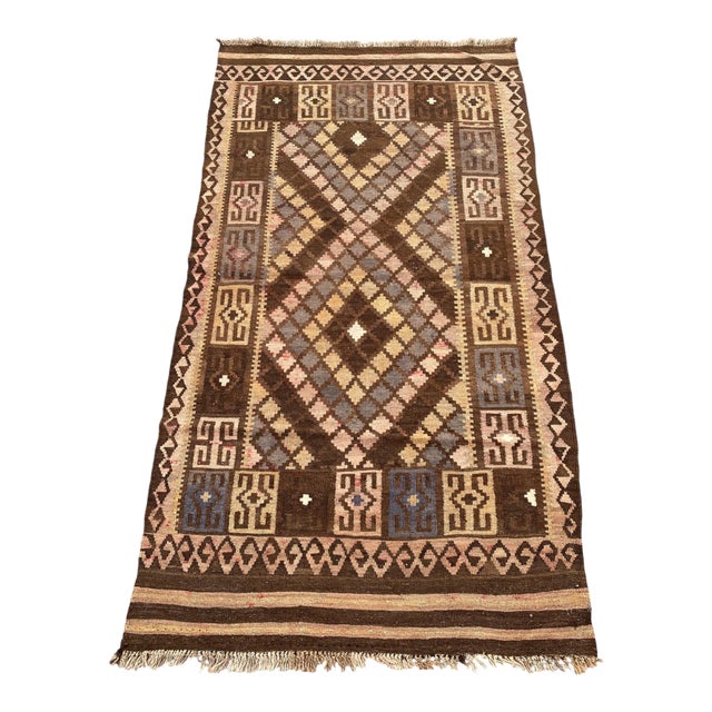 Afghan Maimana Kilim Accent Rug, Handwoven Wool, 3x7, Brown & Camel For Sale