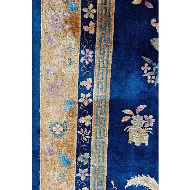 1920s 1920s Navy Blue Floral Vase Antique Chinese Art Deco Rug 8' 9'' X 11' 6'' Wool Knotted Carpet For Sale - Image 5 of 12