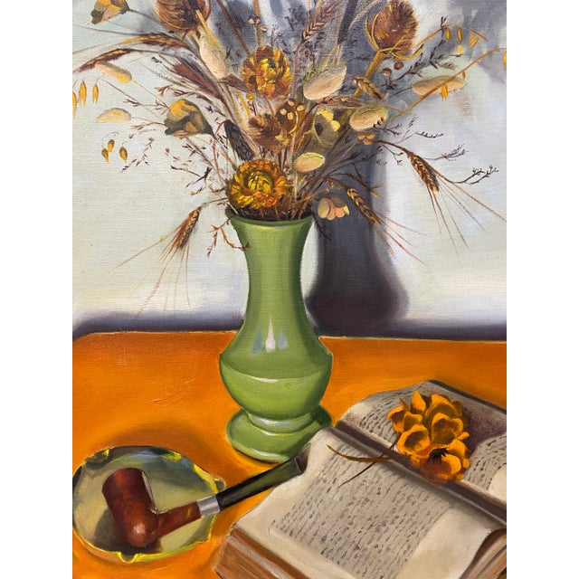 Vintage Still Life Oil Painting With Dried Flowers in a Green Vase by J. Viola C.1979 For Sale - Image 9 of 13