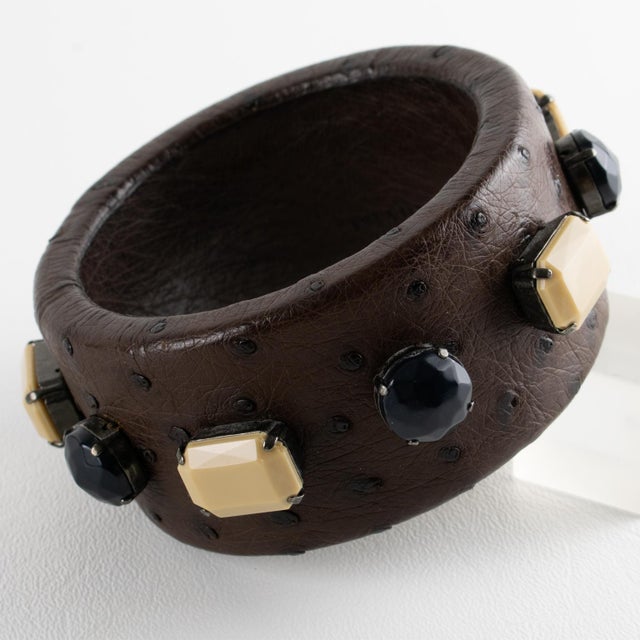 2010s Prada Cocoa Brown Ostrich Leather Jeweled Bangle Bracelet For Sale - Image 5 of 8