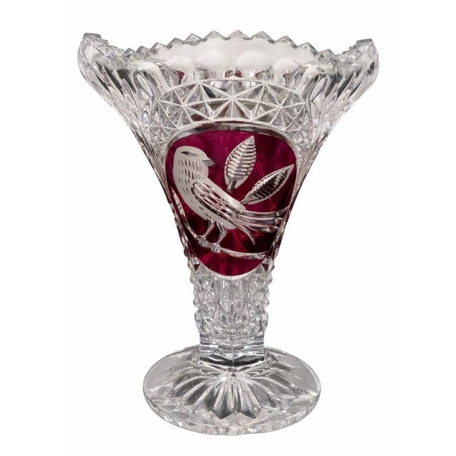 Boho Chic Vintage Cut Crystal Pedestal Bowl with Ruby Red Bird Panels, 1940s For Sale - Image 3 of 5