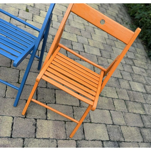 Mid-Century Modern Set of Vintage Painted Blue and Orange Chairs For Sale - Image 3 of 8