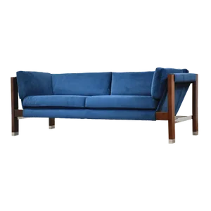 1960s Walnut and Chrome Blue Velvet Sofa by Founders